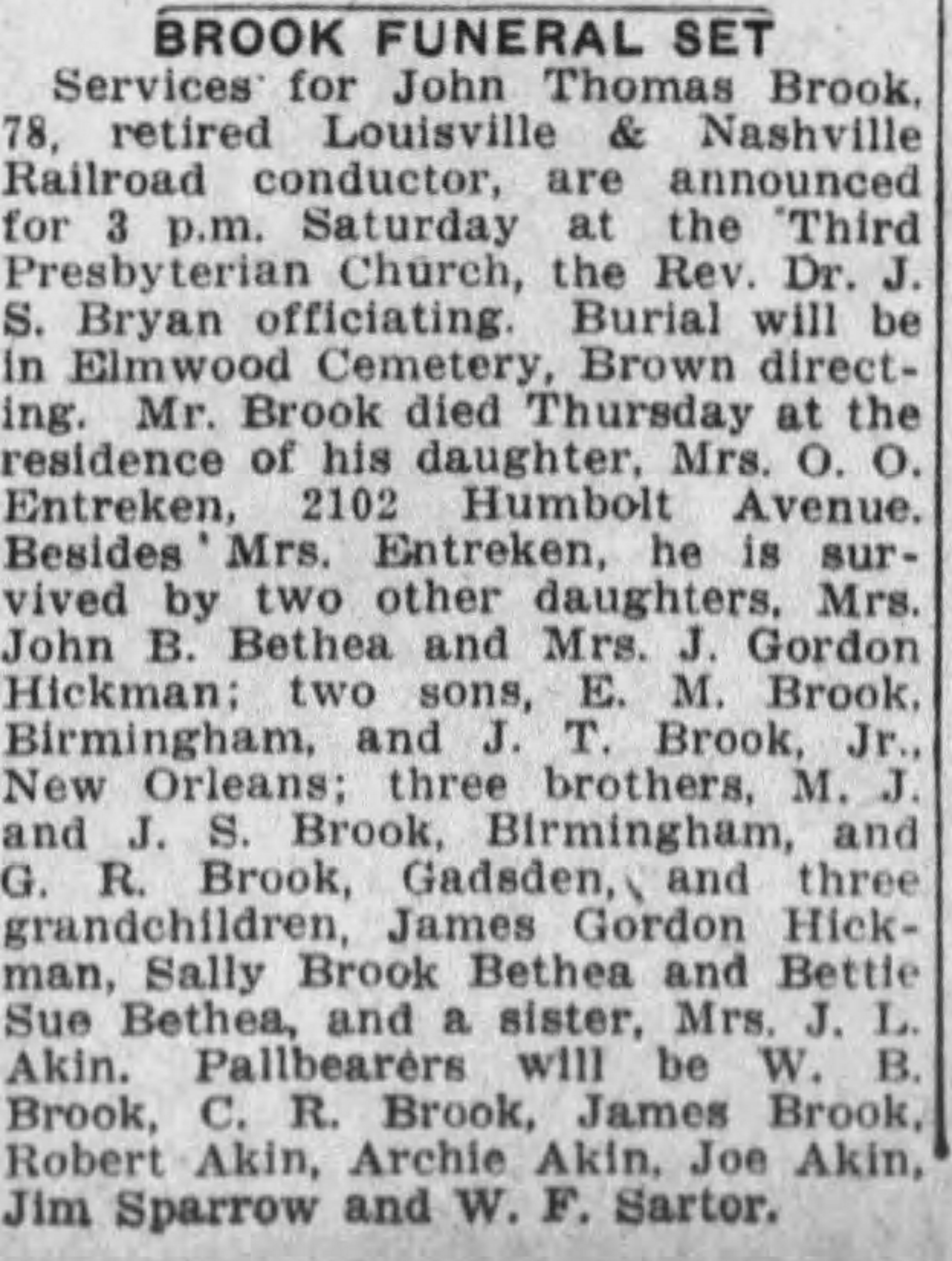 John Thomas Brook obituary